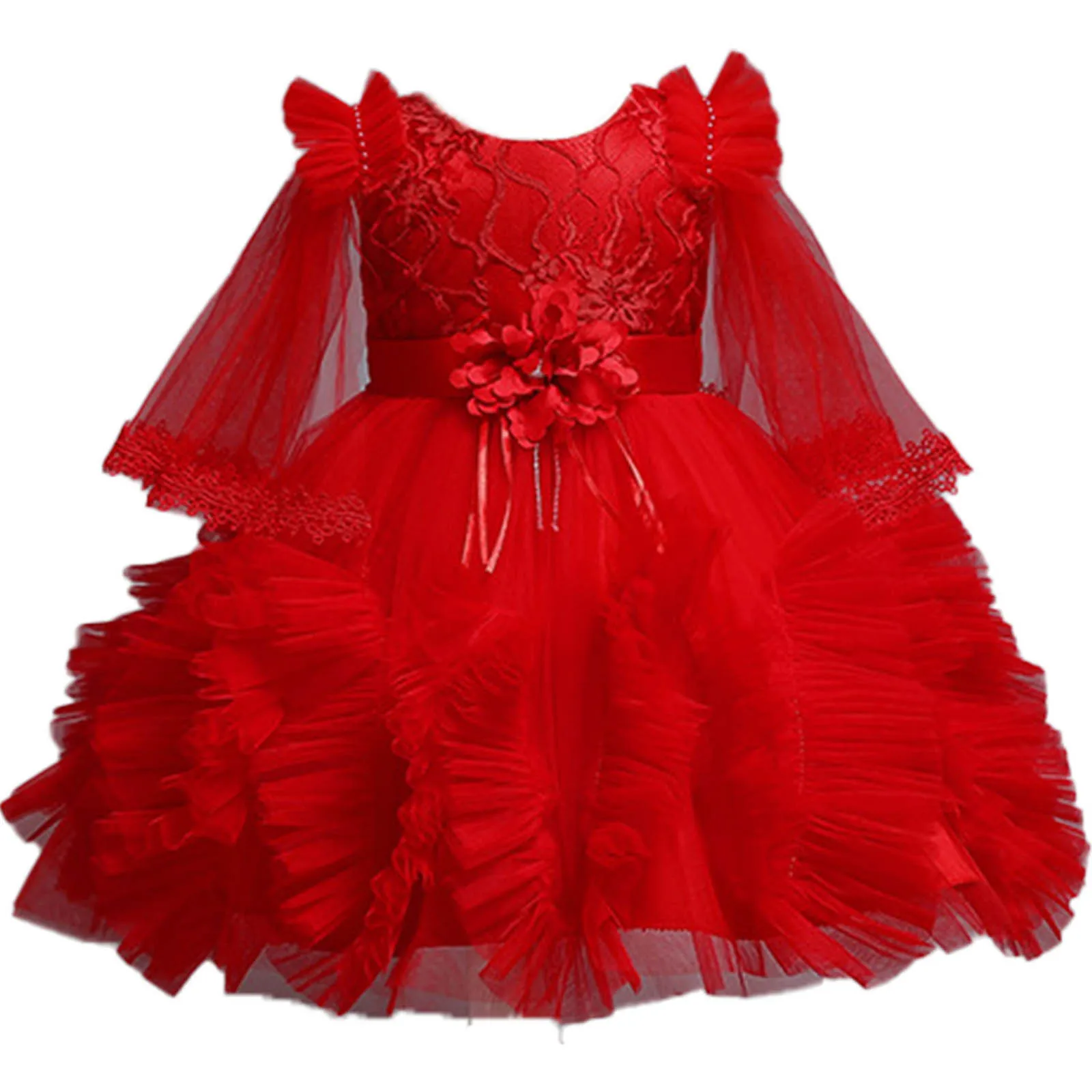 

New Baby Long Sleeve Princess Dress Wedding Flower Girl Costume Bowknot Puffy Tulle Party Dress for Birthday Baptism Ceremony