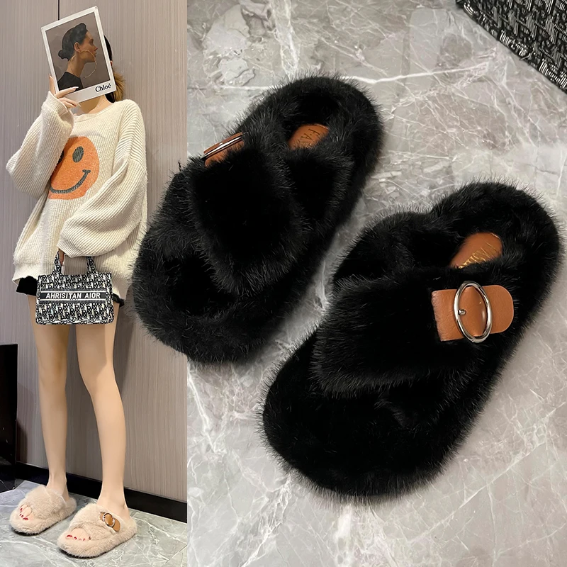 

Женские плюшевые шлепанцы низкая плоская обувь для взрослых, роскошные Шлепанцы из флока на платформе, женские меховые дизайнерские шлепан...