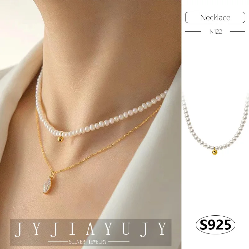

JYJIAYUJY 100% Sterling Silver S925 Necklace 5MM Gold Bead 4MM Shell Pearls Fashion Trendy Hypoallergenic Women Jewelry N122