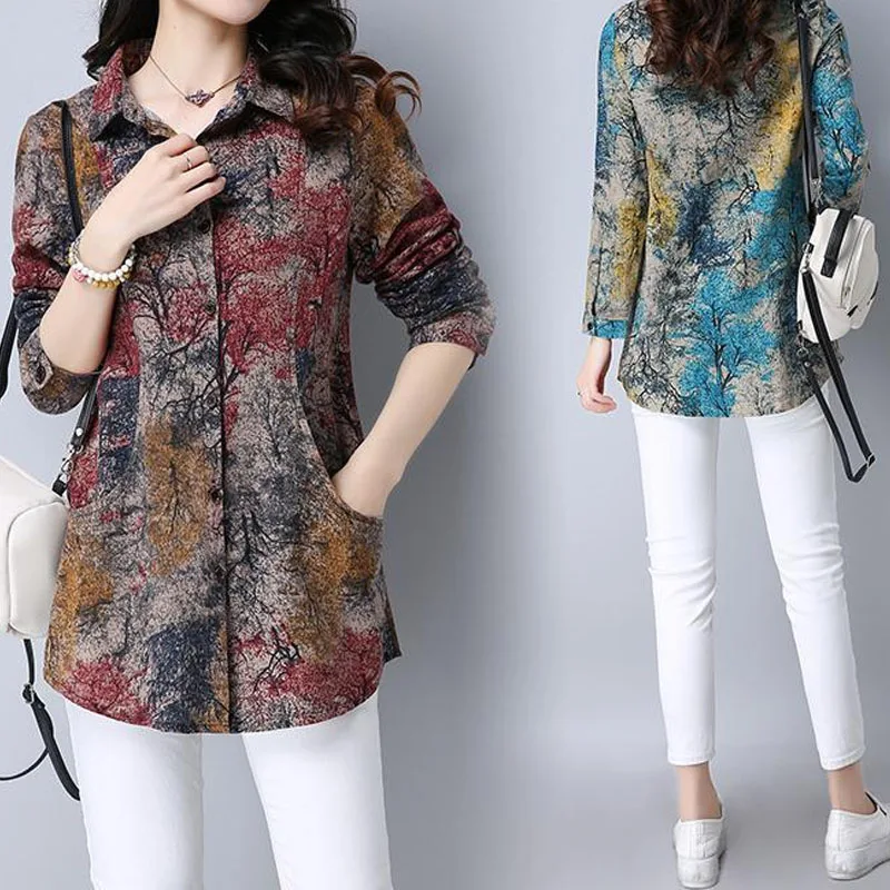 

Vintage Elegant Women's Long Sleeve Printed Blouse Fashion Turn-down Collar Single-breasted Midi Shirt Female Spring Autumn