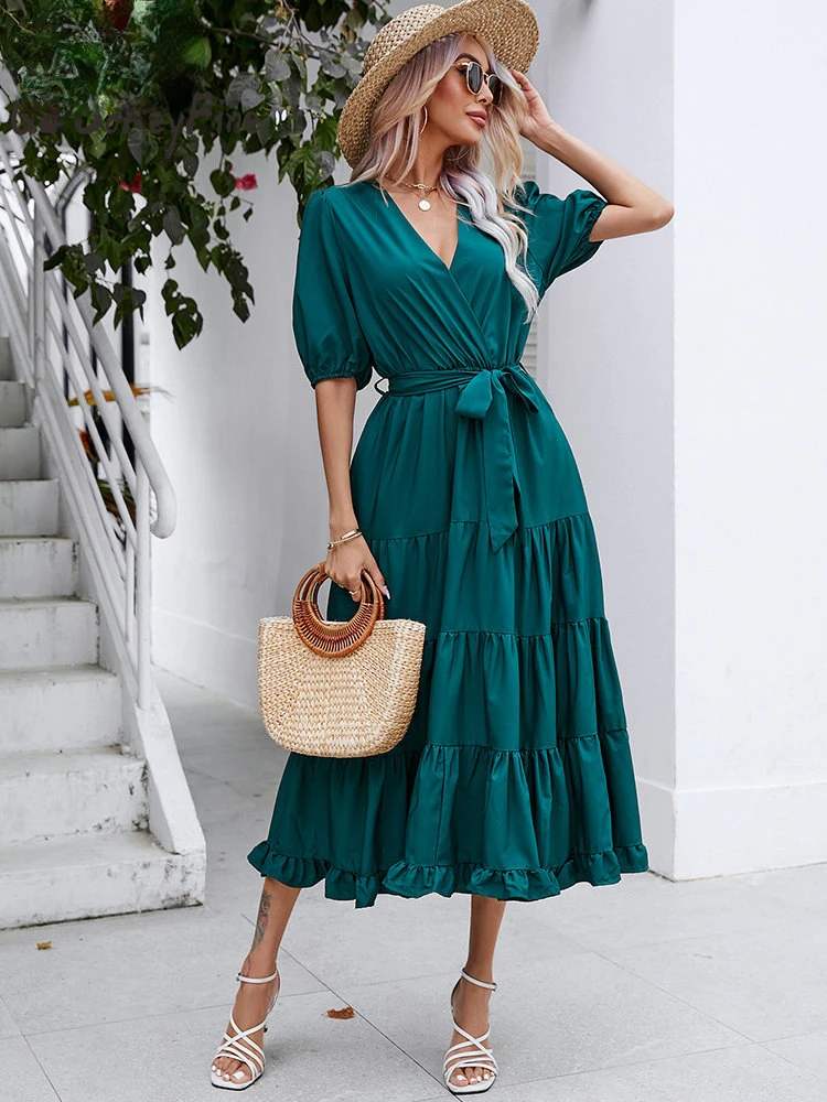 

Женское платье с оборками, повседневное однотонное платье-трапеция средней длины с коротким рукавом и V-образным вырезом, праздничное платье для женщин, Новинка лета 2023