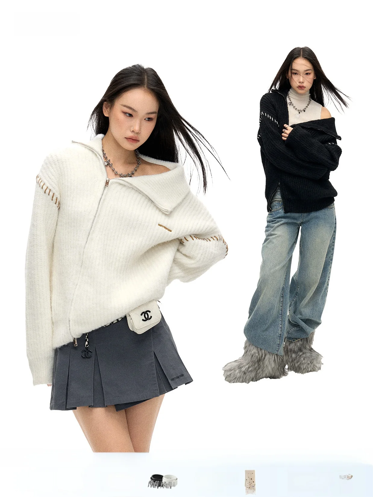 Химическая реакция Notawear не наддан! Длинный флисовый черно-белый свитер двойного