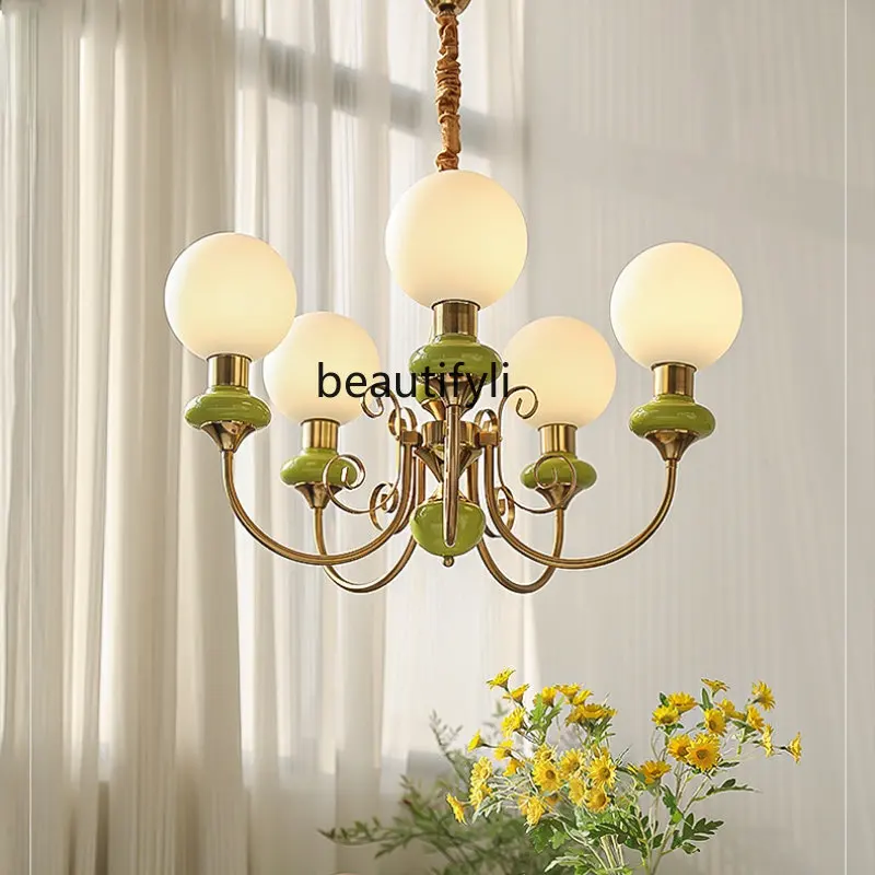 

yj French Retro Bedroom Chandelier Fruit Green Pastoral Cream Style Restaurant Lamps