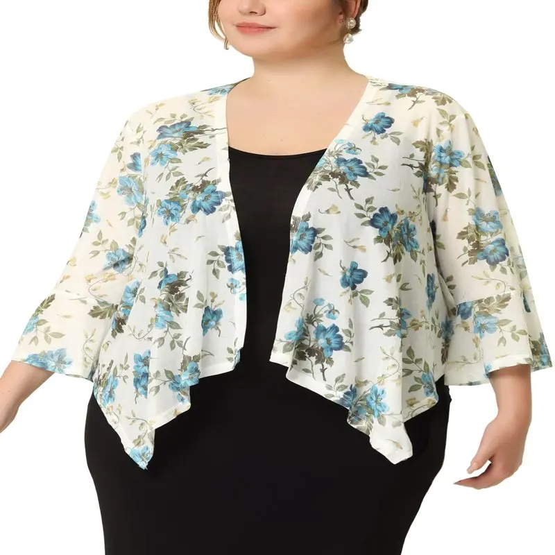 

Plus Size Women's Lightweight Summer Cardigans 3/4 Sleeve Floral Printed Bikini Chiffon Cover Up-156 characters