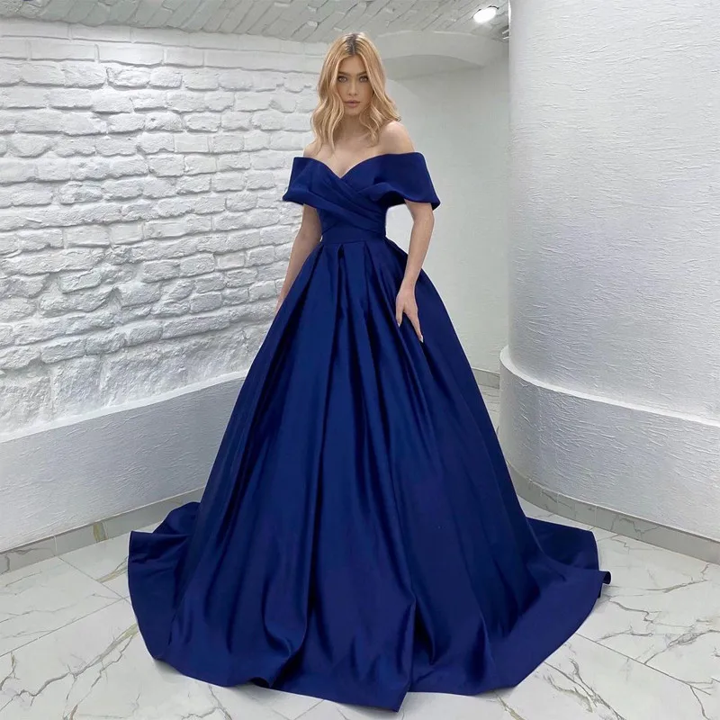 

Satin HF554 Evening Party Dresses For Women V-Neck Short Sleeves Hand Make Elegant Charming Gowns Vestidos De Noche Robes Soirée