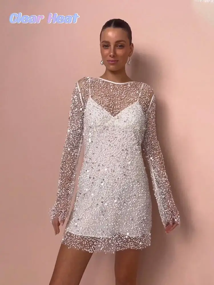 

Белое Прозрачное мини-платье на бретелях-спагетти, пикантное свободное короткое платье с круглым вырезом и длинным рукавом, элегантное женское платье для ночного клуба, 2023