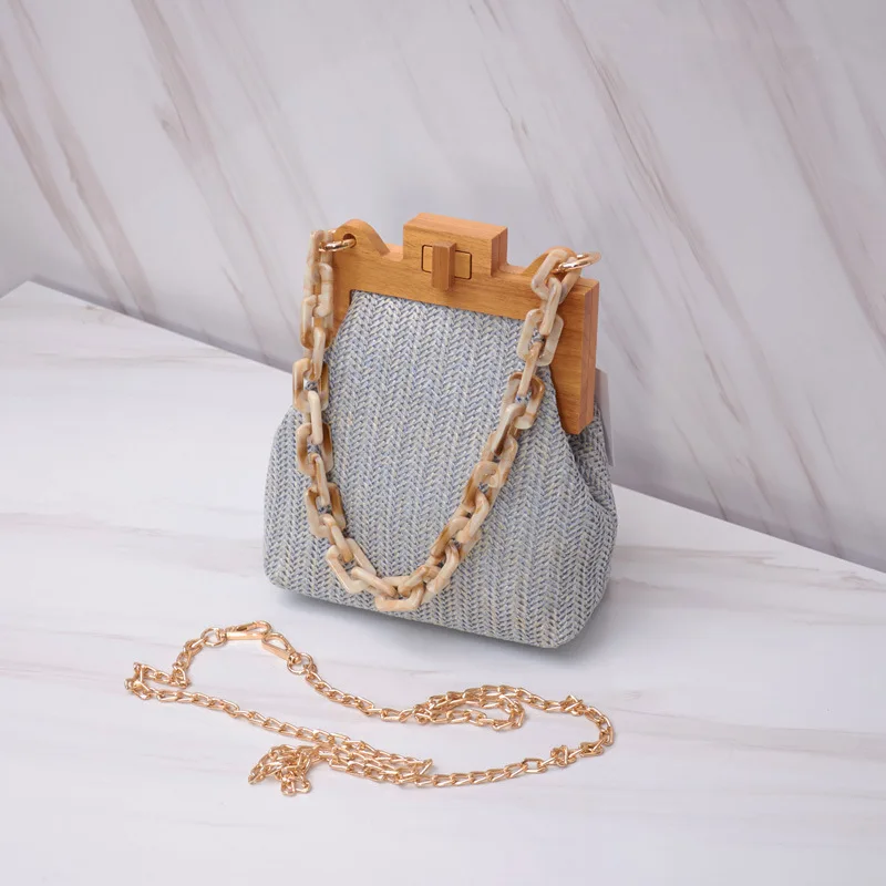 

Thick Chain Wooden Clip Small Handbags for Women Canvas Shoulder Crossbody Bags Ladies Fashion Evening Bag Shopper Dumpling Bags