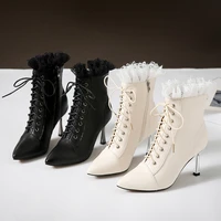 winter womens ankle boots high stilettos pointed toe black wedding party office ladies zipper stilettos nude boots 2022 new