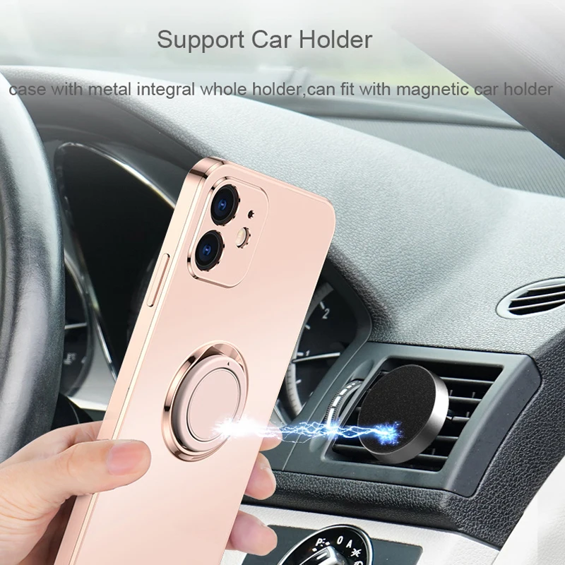 Plating Square Case For iPhone 13 12 11 Pro Max XS XR X S 7 8 Plus Not leave fingerprint Full Protective Covers With Ring Holder