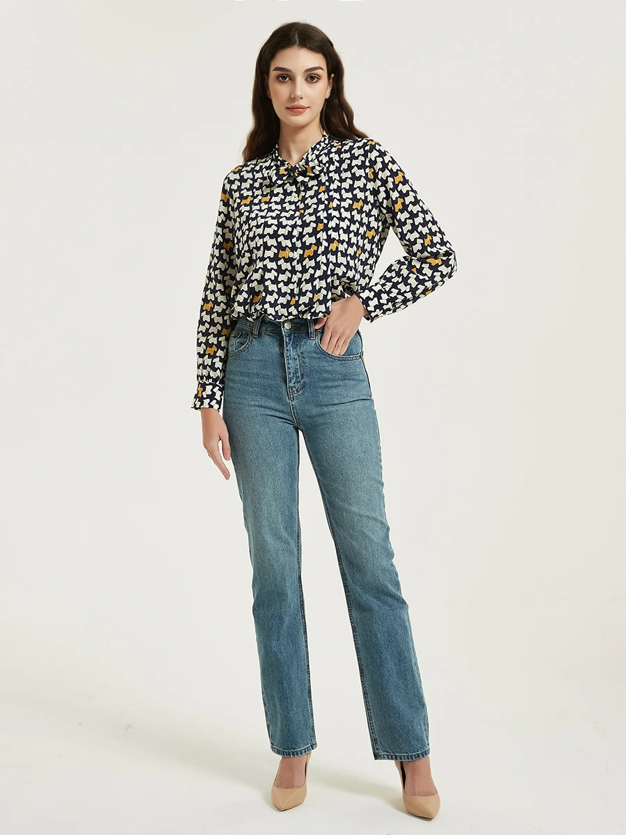SuyaDream Woman Printed Shirts 100%Mulberry Silk Crepe De Chine Bow Collar Casual Blouses 2023 Spring Summer Top Navy enlarge