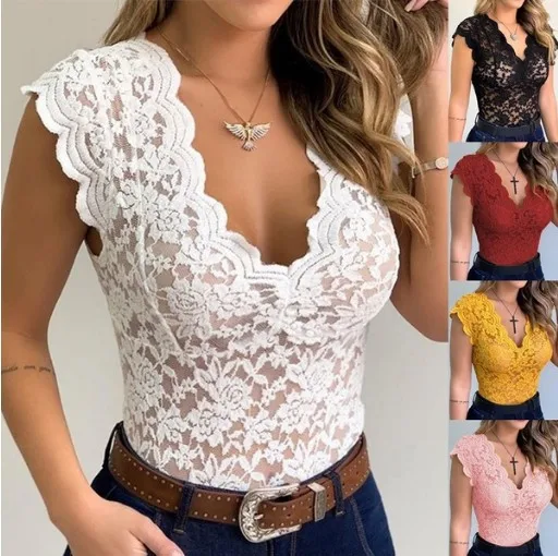 

V-Neck White Lace Hollow Vest Tops Sexy Summer Tank Top Ladies Fashion Women Blouses 2022 Simple Sleeveless Shirts Female
