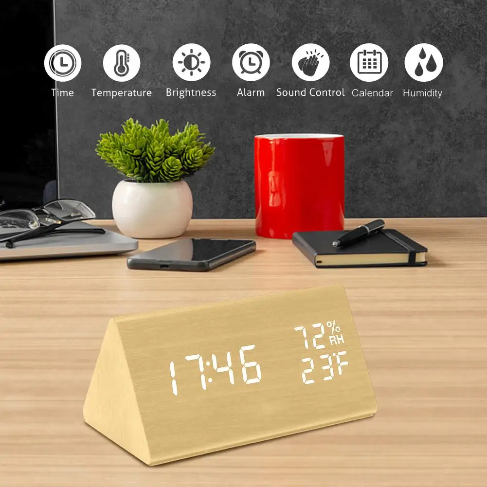

1 Pcs Wooden Digital Alarm Clock 3 Alarm Settings 12/24h Temperature Display Triangular Table Clock For Office Bedside