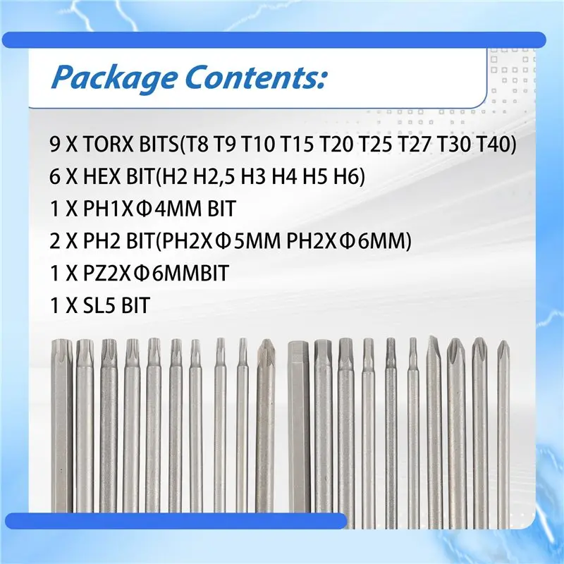 Фото [NEWA08R] Набор длинных магнитных бит, 20 шт., 100 мм, биты Torx T8-T40, шестигранные биты H2-H6, PH1 PH2, PZ2, плоские биты, ше №1