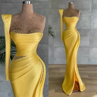 one shoulder yellow evening dresses elegant pearls side split mermaid prom dress custom made women formal robe de mari%c3%a9e