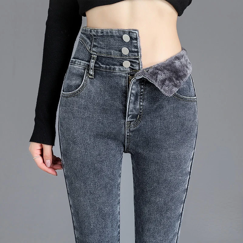 High Waist Jeans Women Pencil Pants Slim Tight-fitting Velvet Thickened Wearing Ankle-Length Pants Oversize Slouchy High Street