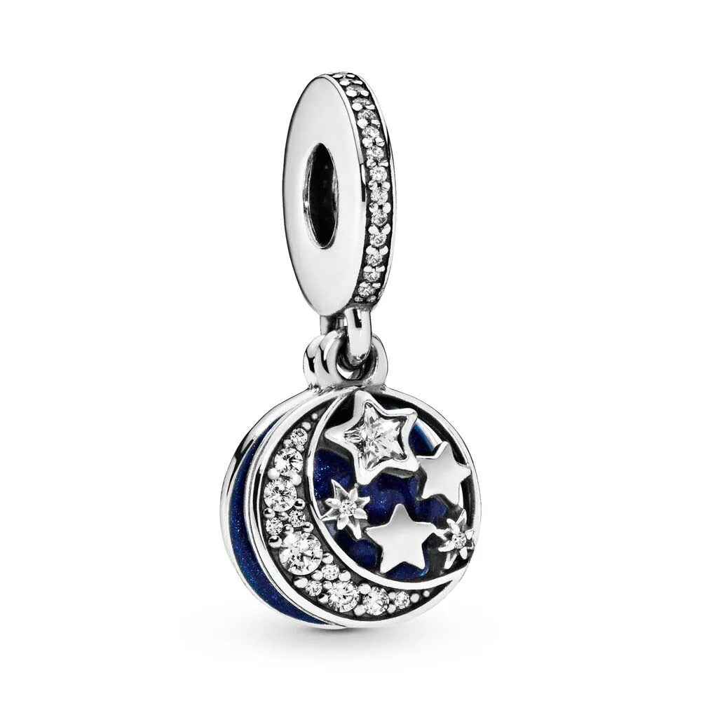 

Real 925 Sterling Silver Bead Vintage Night Sky Moon & Blue Sky Dangle Charm Fit Fashion Women Bracelet Bangle Gift DIY Jewelry