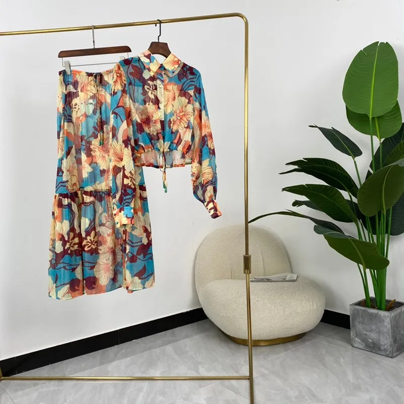 

Two Piece Set 2021 Autumn Hot Sale Vintage Orange Blue Flowers Print Full Sleeve Crop Tops Blouses And Long Skirt Suits