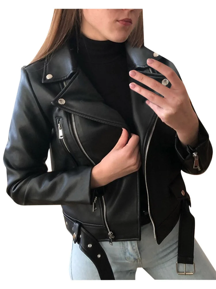 Leather Jacket Women Short Slim 2022 Spring Autumn New Fashion PU Coat Female Moto Clothing With Belt Red Blue Black Outerwear enlarge