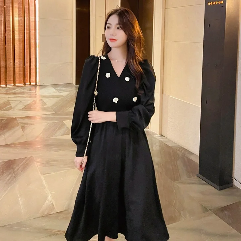 

Трикотажные вечерние платья, летние модные повседневные однотонные с V-образным вырезом, а-силуэт, в горошек, с длинным рукавом Houthion