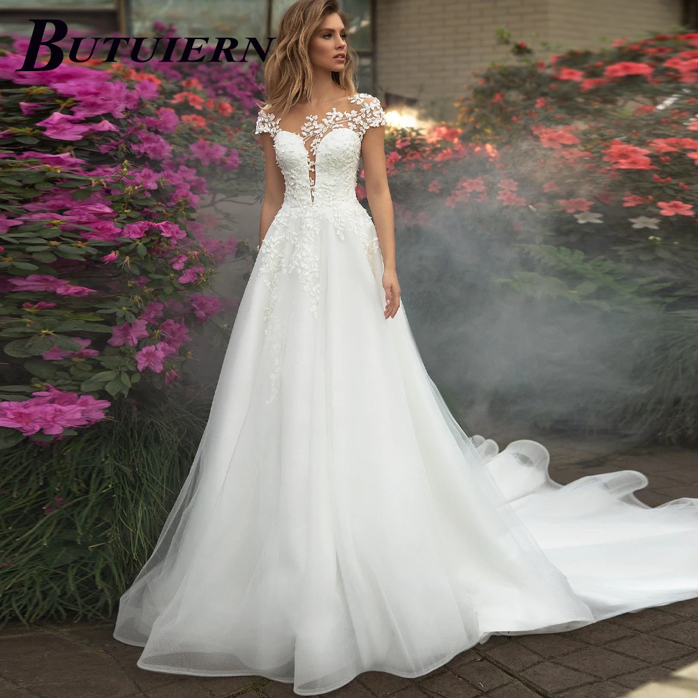 

COZOK Sweety Illuson Appliques Wedding Dress O-neck Tulle Aline Bridal Gown Cap Sleeves Back Button With Sweep Train Customised
