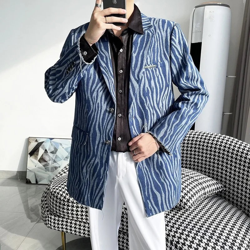 Denim Blue Striped Print Men's Blazer 2022 Spring Korean Business Casual Suit Jacket Streetwear Wedding Social Coat Ropa Hombre