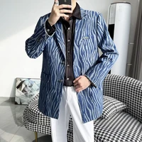denim blue striped print mens blazer 2022 spring korean business casual suit jacket streetwear wedding social coat ropa hombre