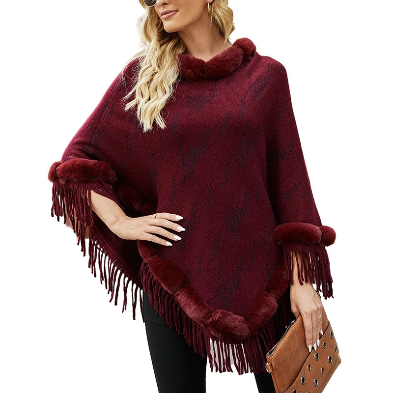 

Europe Fur Collar Winter Shawls And Wraps New Cape Print Tassel Coat Women Winter Lady Ponchos Capes Red Cloak