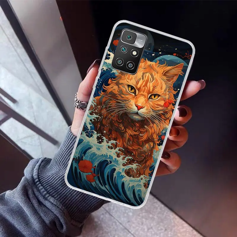 Эстетический чехол для телефона Anime Cat Sea Wave Xiaomi Redmi 12C 12 10A 10C 10X 10 9A 9C 9T 9 8A 8 7A 7 6A 6 Pro K70