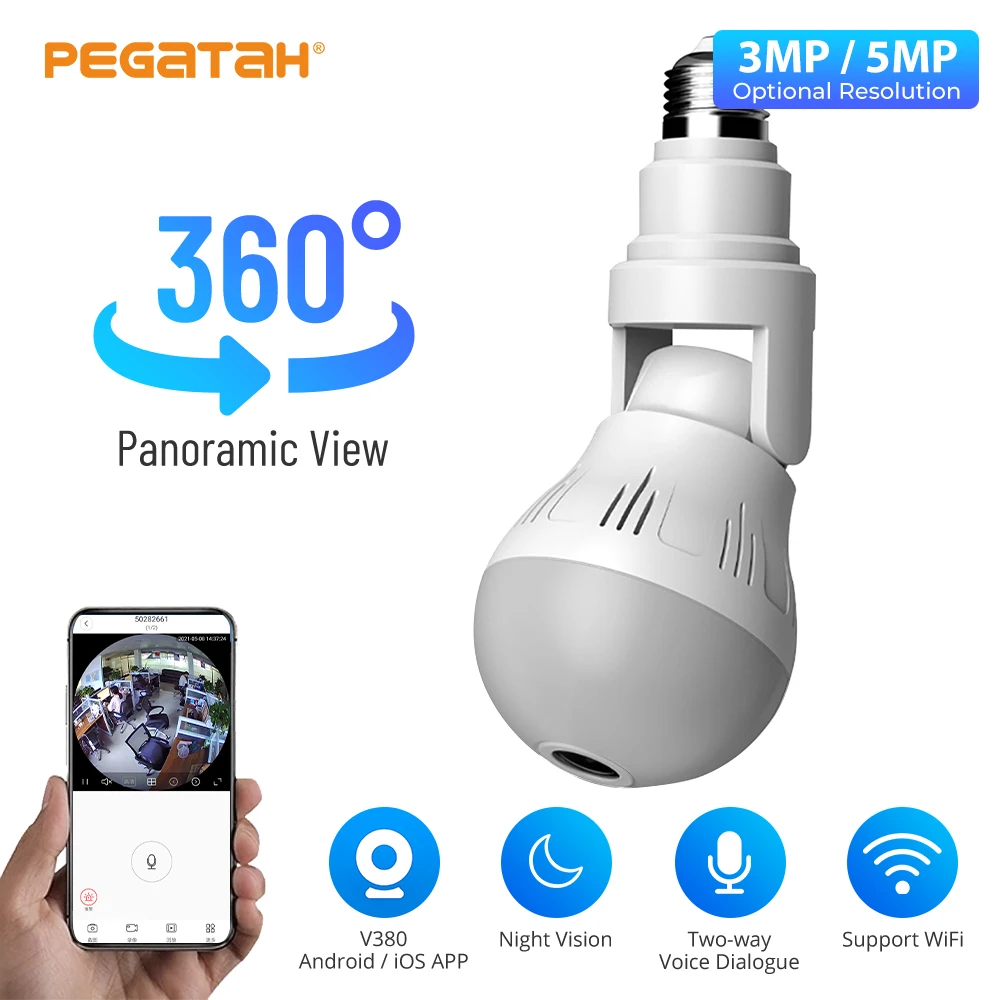 

Панорамная камера с лампочками 3 Мп/5 МП, Wi-Fi, ночное видение, для домашней системы видеонаблюдения, видеоняня, панорамная камера с двухсторон...