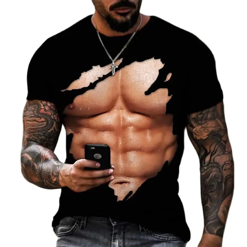 

New Fashion Summer 3D Print Muscle T-Shirts for Men's Casual Personality Harajuku High Quality Street Tough Guy O-neck Loose Top