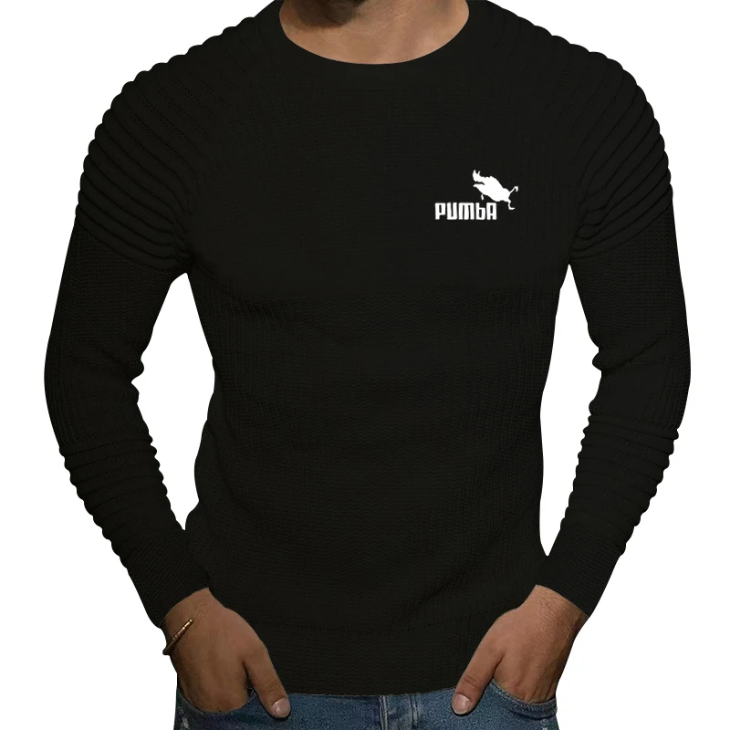 Autumn and Winter New Men's Slim Fit Knitted Sweater Round Neck Solid Color Panel Shoulder Folding Bottom Fashion Top