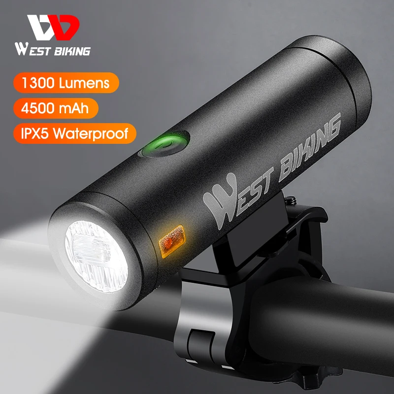 WEST BIKING 4500mAh Bike Light 1300LM Front Lights USB Rechargeable LED Bicycle Flashlight Waterproof Headlight Bike Accessories