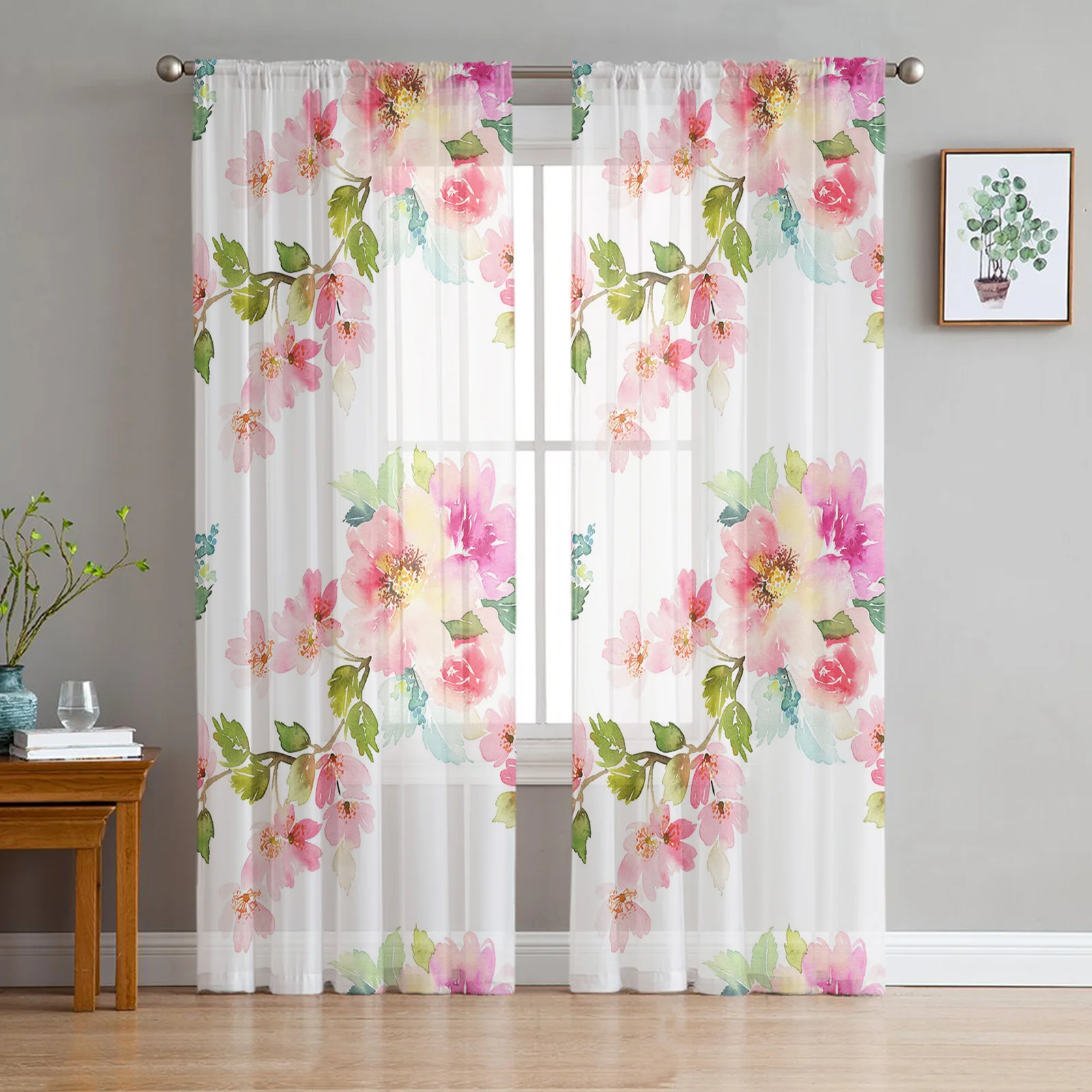 

Peach Blossom Watercolor Flower Art Sheer Curtains for Living Room Voile Curtain Bedroom Bathroom Tulle Curtains Window Drapes