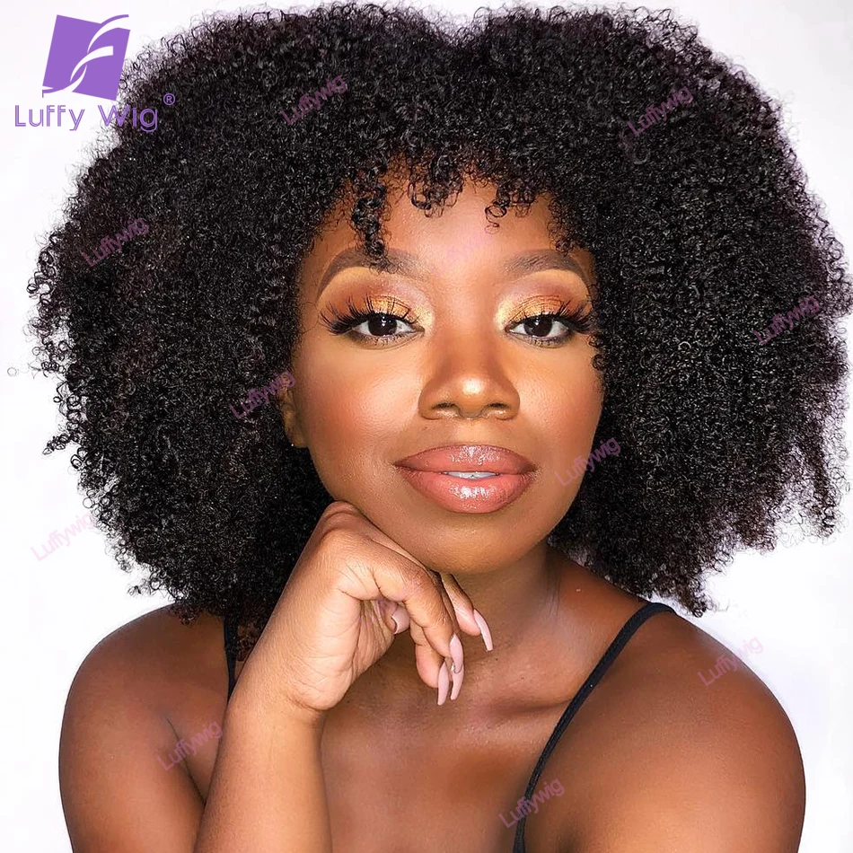 Afro Kinky Curly Wig With Bangs Brazilian Remy Human Hair Machine Made Wigs 200Density Glueless For Black Women Luffywig