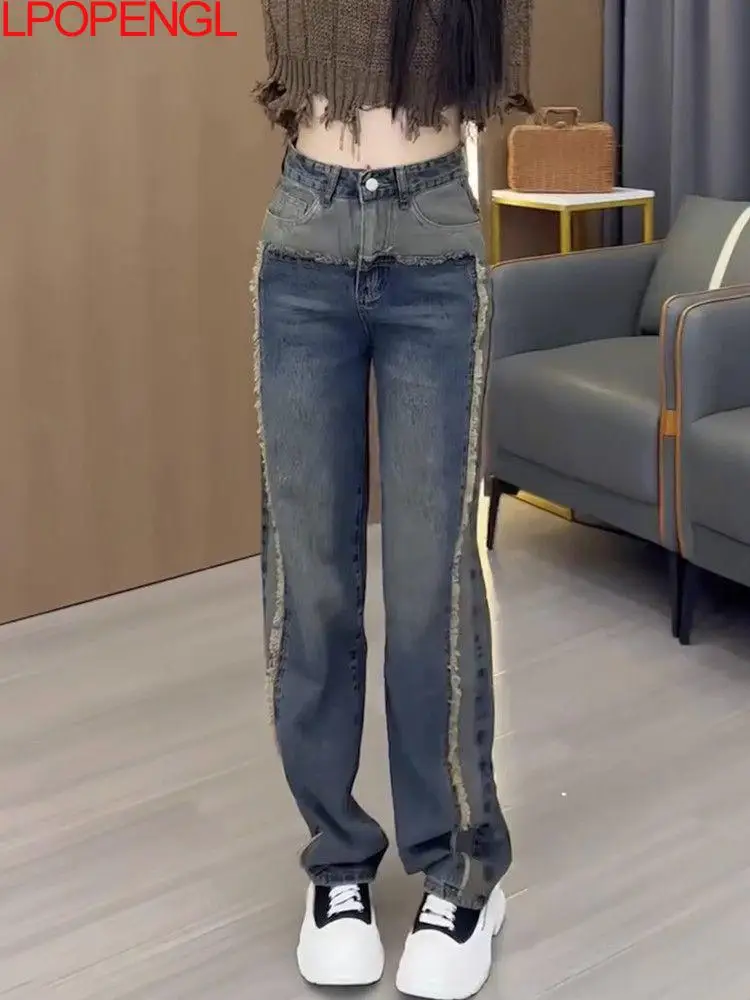 

Джинсы женские прямые с широкими штанинами, пэчворк, джинсовые брюки оверсайз с необработанными краями, на пуговицах, винтажные джинсы с завышенной талией в уличном стиле