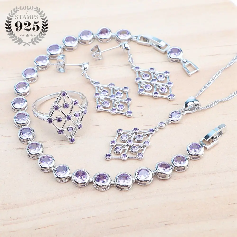 

Silver 925 Purple Zircon Jewelry Sets Bridal Earrings For Women Wedding Jewelry Pendant Necklace Ladies Rings Bracelets Set