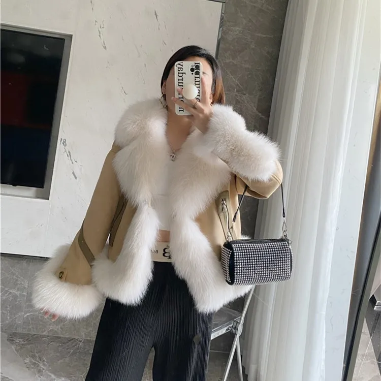 Fall/winter fox fur fur collar down jacket young women short Genuine Leather Thick Warm fur collar outerwear fashion tops 2023