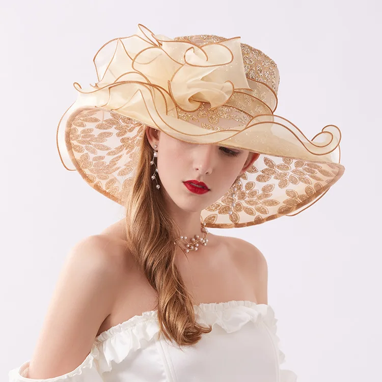 

New Large Brim Organza Hat Drill Flower Sun Visor Female Summer Seaside Sun Visor Chiffon Mesh Hat