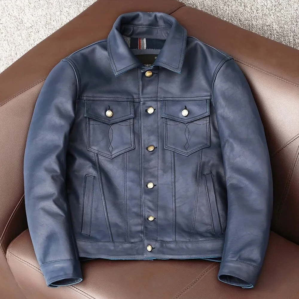 

COPERSIAN Vintage Blue Men Jacket Slim Fashion 100% Natural Cowhide Jackets Man Genuine Leather Coat Autumn Spring