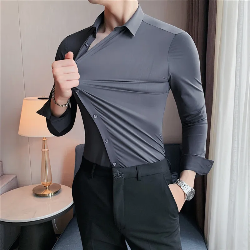 Plus Size 4XL-M High Elasticity Seamless Shirts Men Long Sleeve Top Quality Slim Casual Luxury Shirt Social Formal Dress Shirts Plus Size 4XL-M High Elasticity Seamless Shirts Men Long Sleeve Top Quality Slim Casual Luxury Shirt Social Formal Dress Shirts