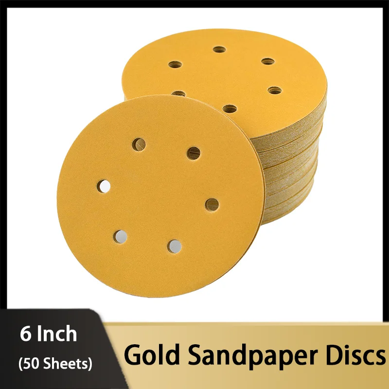 

6Inch 6 Holes 50 Pcs Gold Sandpaper Discs Hook & Loop Backing For Woodworking Wood Metal Dustless Sanding Automotive Paint