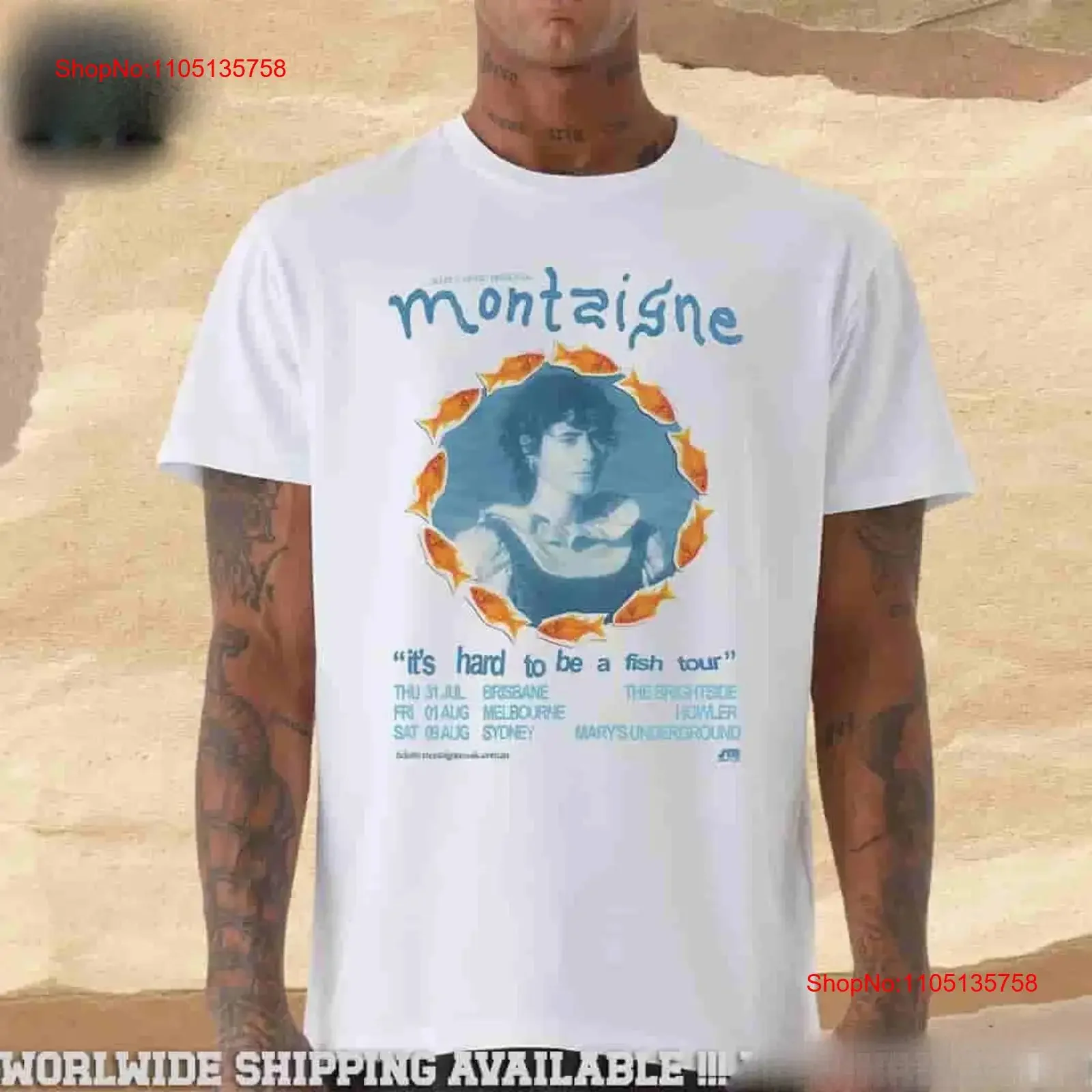 Фото Футболка Montaigne It s Hard To Be A Fish Tour 2025, все размеры 4XL, винтажная, растянутая, удобная, с рисунком №1