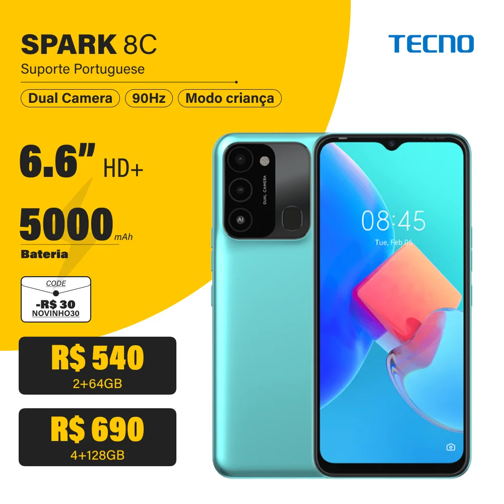 Tecno SPARK 8C 2 + 64/4 128 Гб Смартфон 90 Гц 5000 мАч 6 дюйма 13 МП AI двойная камера сотовый