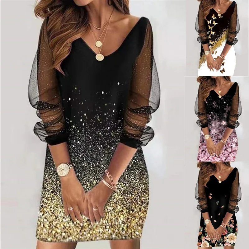 

Elegant Retro Print Sequined Mesh Party Dress Women's Spring And Summer Clothing V Neck Sexy Casual Vestidos Long Sleeve Dresses