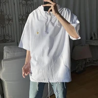 2022 summer new light luxury fashion embroidered pink hooded short sleeved t shirt men loose sweater boutique clothing