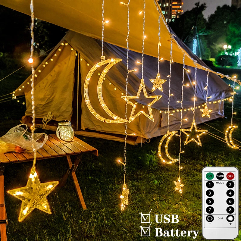 LED Christmas Lights USB/ Battery Remote Control Moon Stars Curtain Garlands Fairy String Light for Xmas Party Home Decor | Лампы и