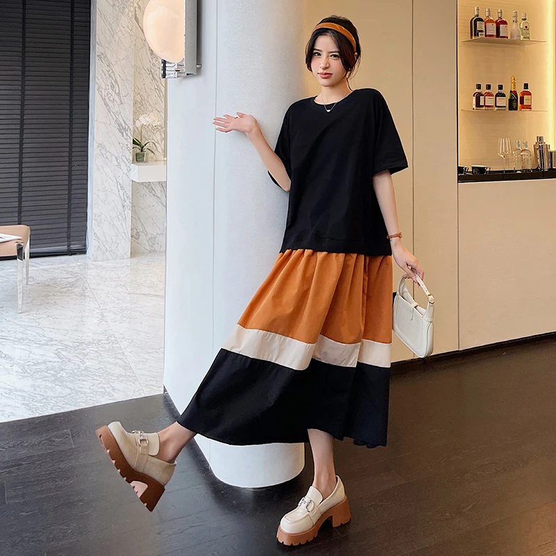 

Женское платье с коротким рукавом, длинное платье составного кроя в полоску, в Корейском стиле, лето 2023