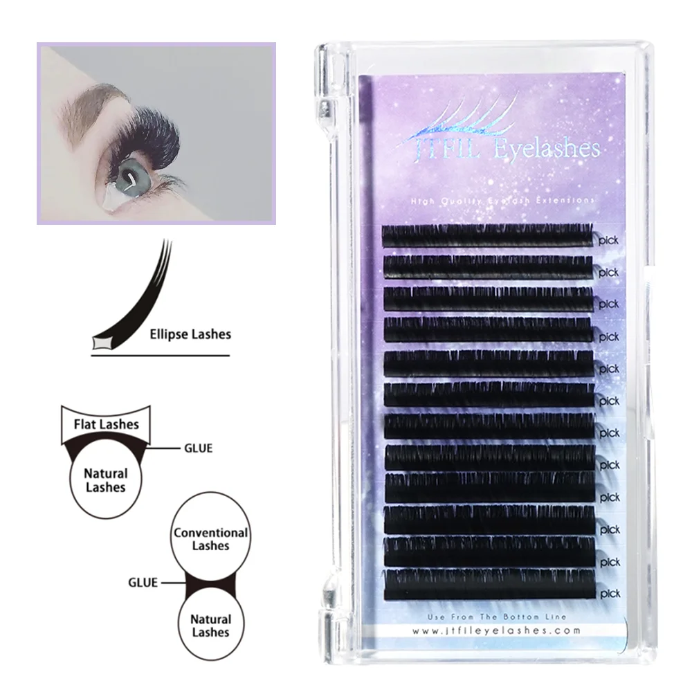 

Hot Sale Flat Eyelash Extension False Ellipse Lashes Soft Cashmere Lashes Split-tips Mix Lash Faux Mink Flat Lashes