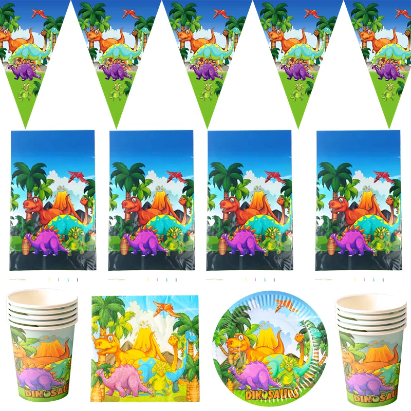 

51pcs/lot Volcano Dinosaur Theme Table Cover Birthday Party Napkins Plates Cups Decorate Flags Girls Favors Tablecloth Banner