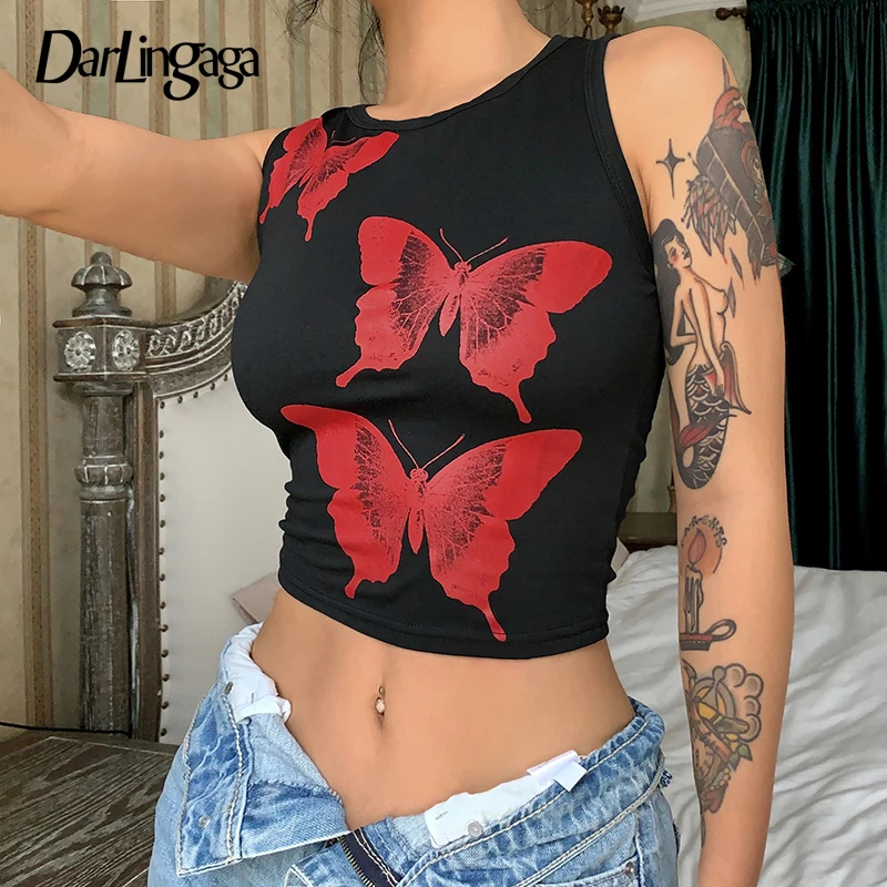 

Darlingaga Streetwear Butterfly Printed Summer Tank Top Female Harajuku Gothic 2000s Aesthetic Vest Slim Cropped Tops Cute 2022